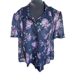 Vtg Purple Floral Blouse 20W  Cottagecore Boho Sheer Feminine Romantic Button Up